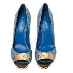 Pre Owned Sergio Rossi Blue Python Leather Peep Toe Buckle Embellished Pumps Size 38