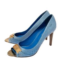 Pre Owned Sergio Rossi Blue Python Leather Peep Toe Buckle Embellished Pumps Size 38