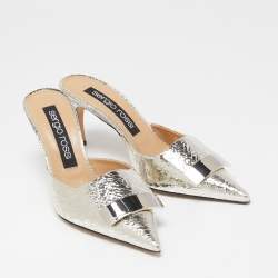 مملوكة مسبقًا Sergio Rossi Silver Croc Embossed Mule Sandals Size 40