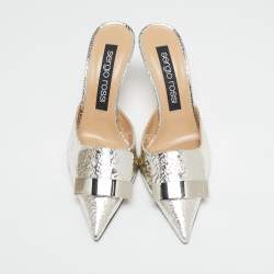 مملوكة مسبقًا Sergio Rossi Silver Croc Embossed Mule Sandals Size 40