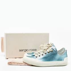 Pre Owned Sergio Rossi Metallic Blue Leather Lace Up Sneakers Size 40 