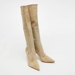 Pre Owned Sergio Rossi Beige Mesh and Leather Knee Length  Boots Size 39