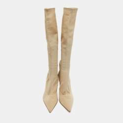 Pre Owned Sergio Rossi Beige Mesh and Leather Knee Length  Boots Size 39