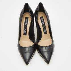 مملوكة مسبقًا Sergio Rossi Black Croc Embossed Leather Pointed Toe Pumps Size 37.5