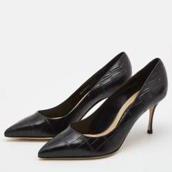 مملوكة مسبقًا Sergio Rossi Black Croc Embossed Leather Pointed Toe Pumps Size 37.5