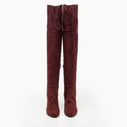 مملوكة مسبقًا Sergio Rossi Burgundy Suede Zip Detail Knee Length Platform Boots Size 40.5 