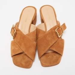 Pre Owned Sergio Rossi Tan Suede Cross Strap Buckle Detail Slide Sandals Size 36.5