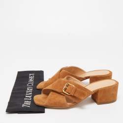 Pre Owned Sergio Rossi Tan Suede Cross Strap Buckle Detail Slide Sandals Size 36.5