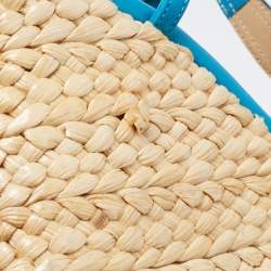 Pre Owned Sergio Rossi Blue/Beige Leather and Raffia Ankle Strap Espadrille Wedge Sandals Size 39.5