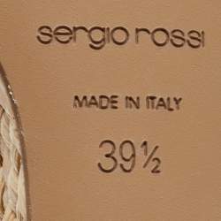 Pre Owned Sergio Rossi Blue/Beige Leather and Raffia Ankle Strap Espadrille Wedge Sandals Size 39.5