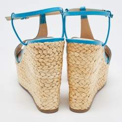 Pre Owned Sergio Rossi Blue/Beige Leather and Raffia Ankle Strap Espadrille Wedge Sandals Size 39.5