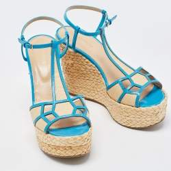 Pre Owned Sergio Rossi Blue/Beige Leather and Raffia Ankle Strap Espadrille Wedge Sandals Size 39.5