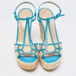 Pre Owned Sergio Rossi Blue/Beige Leather and Raffia Ankle Strap Espadrille Wedge Sandals Size 39.5