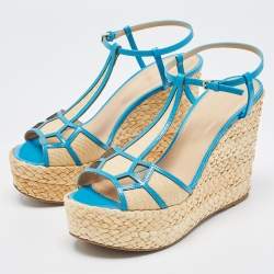 Pre Owned Sergio Rossi Blue/Beige Leather and Raffia Ankle Strap Espadrille Wedge Sandals Size 39.5