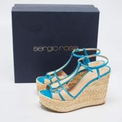 Pre Owned Sergio Rossi Blue/Beige Leather and Raffia Ankle Strap Espadrille Wedge Sandals Size 39.5