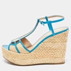 Pre Owned Sergio Rossi Blue/Beige Leather and Raffia Ankle Strap Espadrille Wedge Sandals Size 39.5