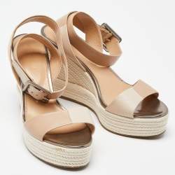 Pre Owned Sergio Rossi Two Tone Leather Espadrille Wedge Ankle Wrap Sandals Size 39