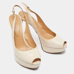 Sergio Rossi Cream Patent Leather Slingback Platform Pumps Size 39.5