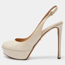 Sergio Rossi Cream Patent Leather Slingback Platform Pumps Size 39.5