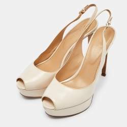 Sergio Rossi Cream Patent Leather Slingback Platform Pumps Size 39.5