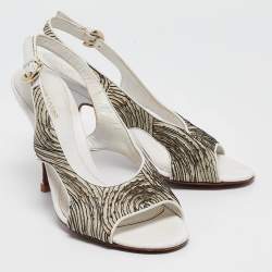Sergio Rossi White/Black Pleated Fabric Slingback Sandals Size 39