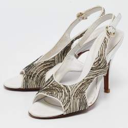 Sergio Rossi White/Black Pleated Fabric Slingback Sandals Size 39