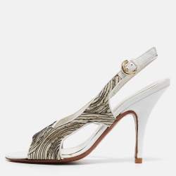 Sergio Rossi White/Black Pleated Fabric Slingback Sandals Size 39