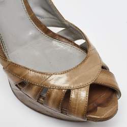 Sergio Rossi Olive Green Eel Leather Peep Toe Slingback Sandals Size 37.5