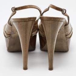 Sergio Rossi Olive Green Eel Leather Peep Toe Slingback Sandals Size 37.5