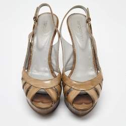 Sergio Rossi Olive Green Eel Leather Peep Toe Slingback Sandals Size 37.5