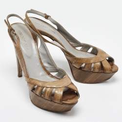 Sergio Rossi Olive Green Eel Leather Peep Toe Slingback Sandals Size 37.5
