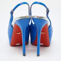 Sergio Rossi Blue Leather Peep Toe Platform Slingback Pumps Size 38.5