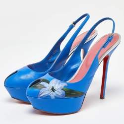 Sergio Rossi Blue Leather Peep Toe Platform Slingback Pumps Size 38.5