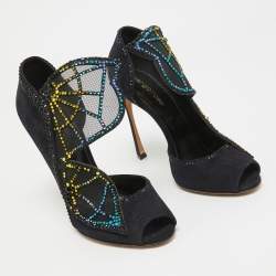 Pre Owned Sergio Rossi Navy Blue Suede Royal Strass Crystals Pumps Size 37