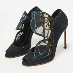 Pre Owned Sergio Rossi Navy Blue Suede Royal Strass Crystals Pumps Size 37