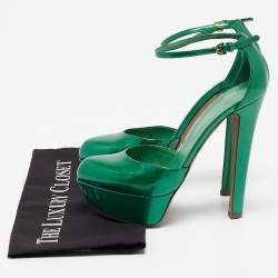 Pre Owned Sergio Rossi Green Patent Leather Ankle Strap Platform Pumps Size 36.5