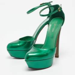 Pre Owned Sergio Rossi Green Patent Leather Ankle Strap Platform Pumps Size 36.5