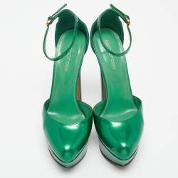 Pre Owned Sergio Rossi Green Patent Leather Ankle Strap Platform Pumps Size 36.5