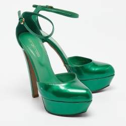 Pre Owned Sergio Rossi Green Patent Leather Ankle Strap Platform Pumps Size 36.5