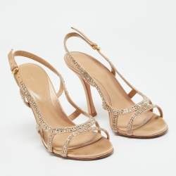 Pre Owned Sergio Rossi Beige Satin Crystal Embellished Ankle Strap Sandals Size 38