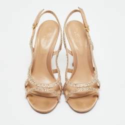 Pre Owned Sergio Rossi Beige Satin Crystal Embellished Ankle Strap Sandals Size 38
