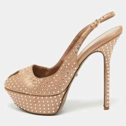 Sergio Rossi Light Brown Crystal Embellished Satin Peep Toe Platform Slingback Pumps Size 38.5