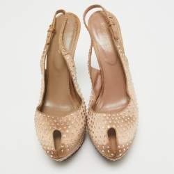 Sergio Rossi Light Brown Crystal Embellished Satin Peep Toe Platform Slingback Pumps Size 38.5