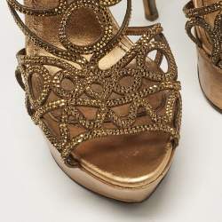Pre Owned Sergio Rossi Metallic Crystal Embellished Suede Cut Out Platform Sandals Size 39
