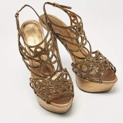 Pre Owned Sergio Rossi Metallic Crystal Embellished Suede Cut Out Platform Sandals Size 39