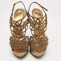 Pre Owned Sergio Rossi Metallic Crystal Embellished Suede Cut Out Platform Sandals Size 39