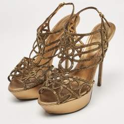 Pre Owned Sergio Rossi Metallic Crystal Embellished Suede Cut Out Platform Sandals Size 39