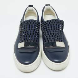 Sergio Rossi Blue Leather and Suede Crystal Embellished SR1 Low Top Sneakers Size 38