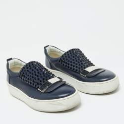 Sergio Rossi Blue Leather and Suede Crystal Embellished SR1 Low Top Sneakers Size 38