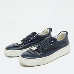 Sergio Rossi Blue Leather and Suede Crystal Embellished SR1 Low Top Sneakers Size 38